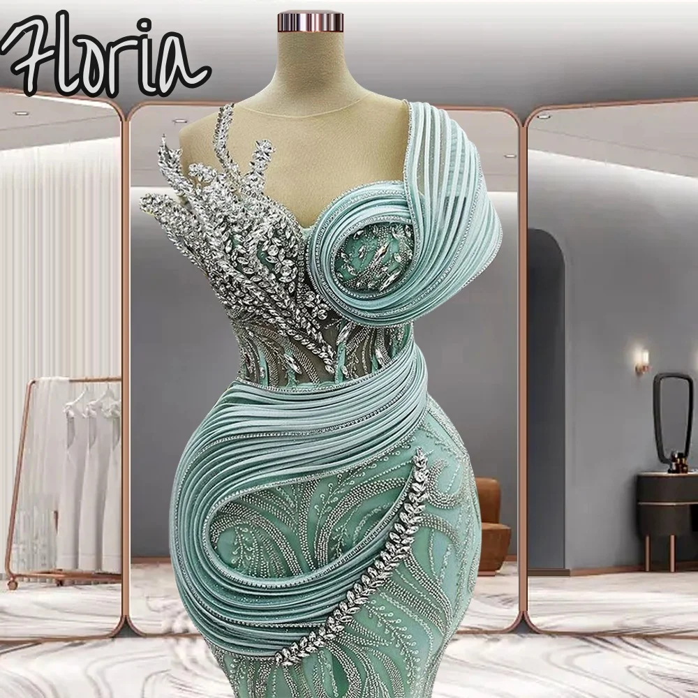 

Mint Green Round Neck Evening Party Dress Customized Crystals Long Formal Prom Dresses Vestidos De Fiestas Elegantes Mujer