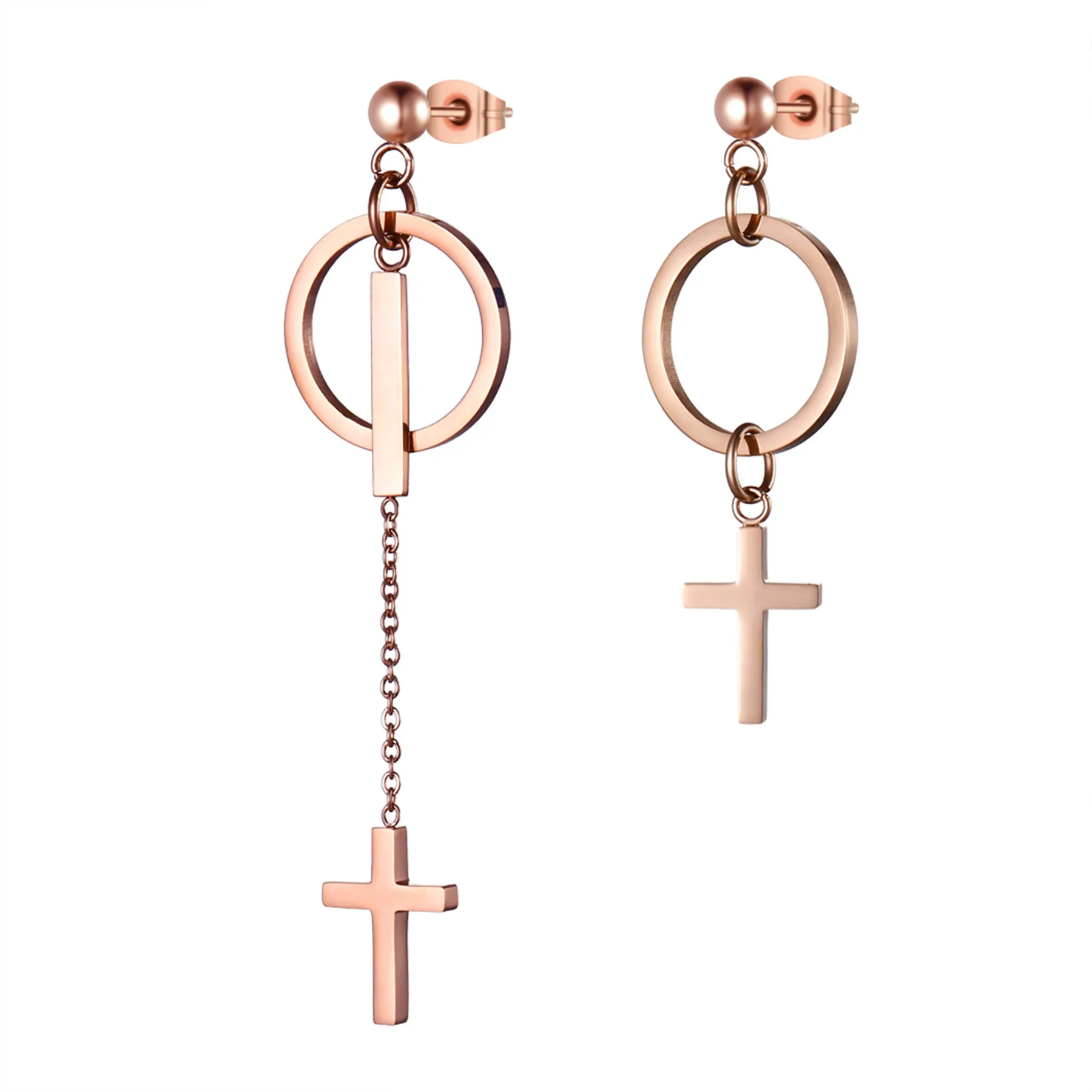 Boniskiss 2022 Unique Personality Stainless Steel Cross Circle Ladies Asymmetric Long Earrings Silver Color Jewelry Gift