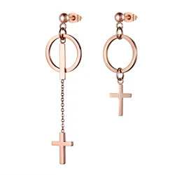 Boniskiss 2022 Unique Personality Stainless Steel Cross Circle Ladies Asymmetric Long Earrings Silver Color Jewelry Gift