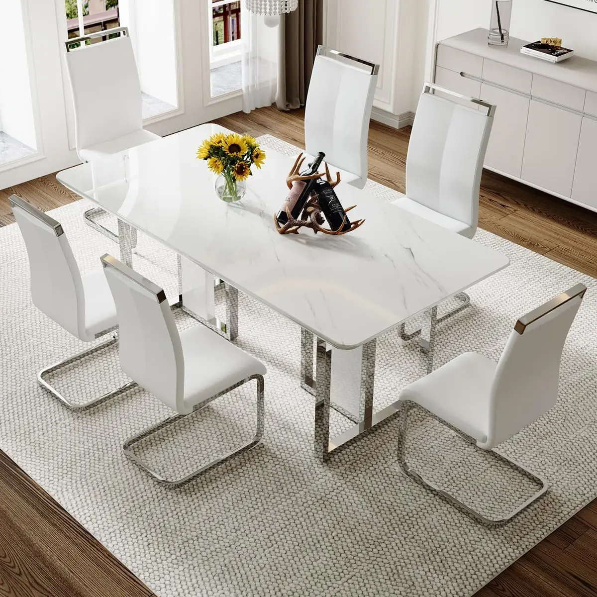 

Glossy Dining Table With 6 PU Leather Chairs,Marble Table Top With Chrome Plate Legs,Larger Rectangular Dinner Table For Kitchen