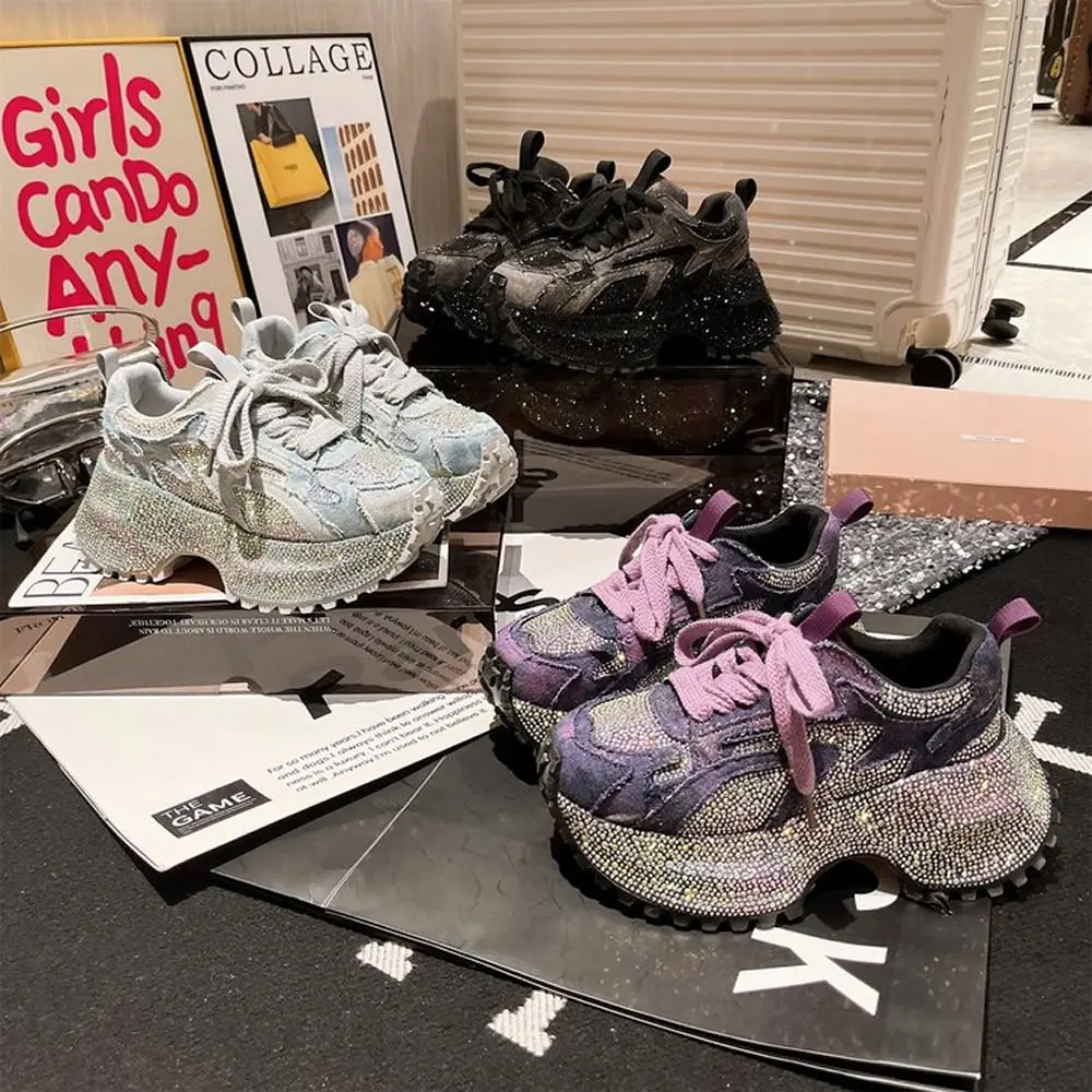 منصة عصرية سميكة القاع عارضة الدنيم المواد أبي أحذية نسائية زيادة الأحذية الرياضية المألوف جولة تو المطاط وحيد