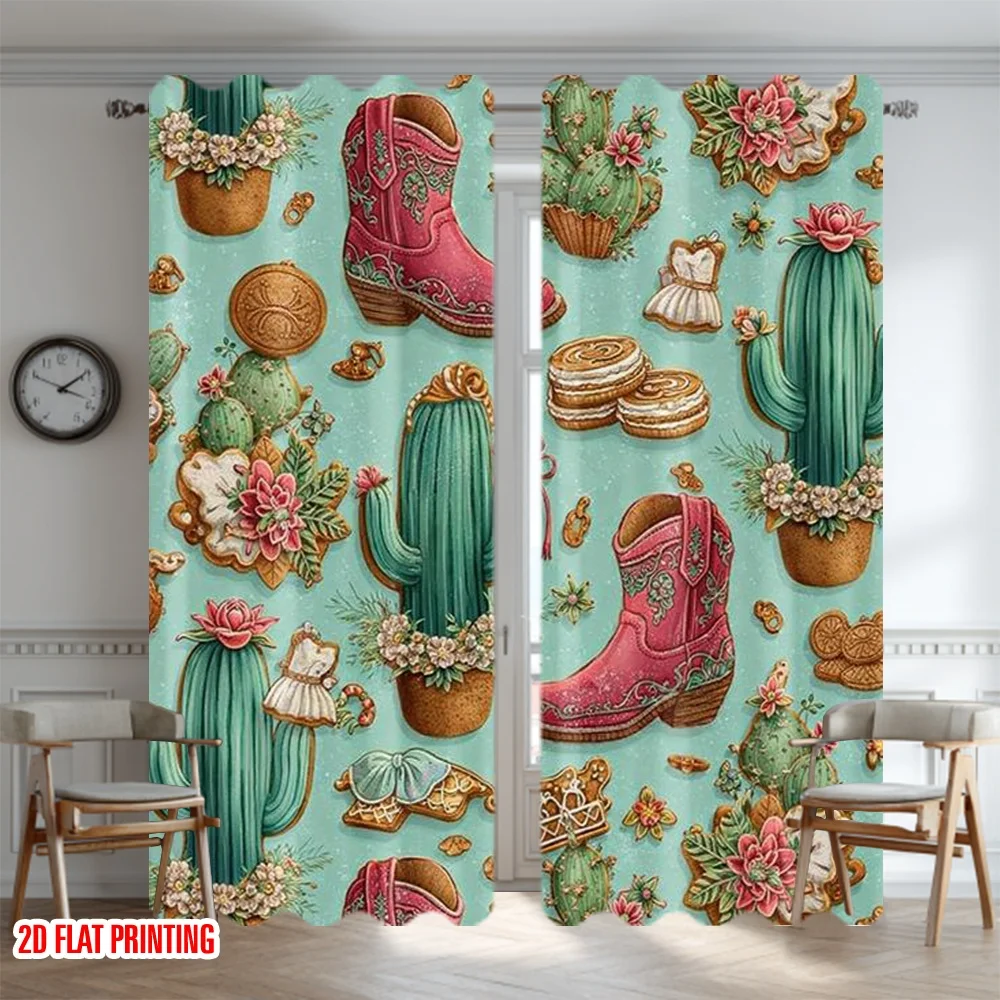 2D flat printing 2pcs Curtain Window Curtains Christmas Cactus and Boots Digital Printed Polyester Drapes Festive Wall Decor