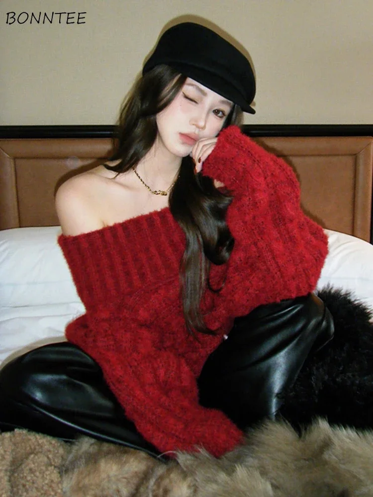 

Красные рождественские свитера, женский трикотаж с вырезом на шее, зимний нежный новогодний нежный мягкий модный корейский свитер с напуском для девочек-студенток