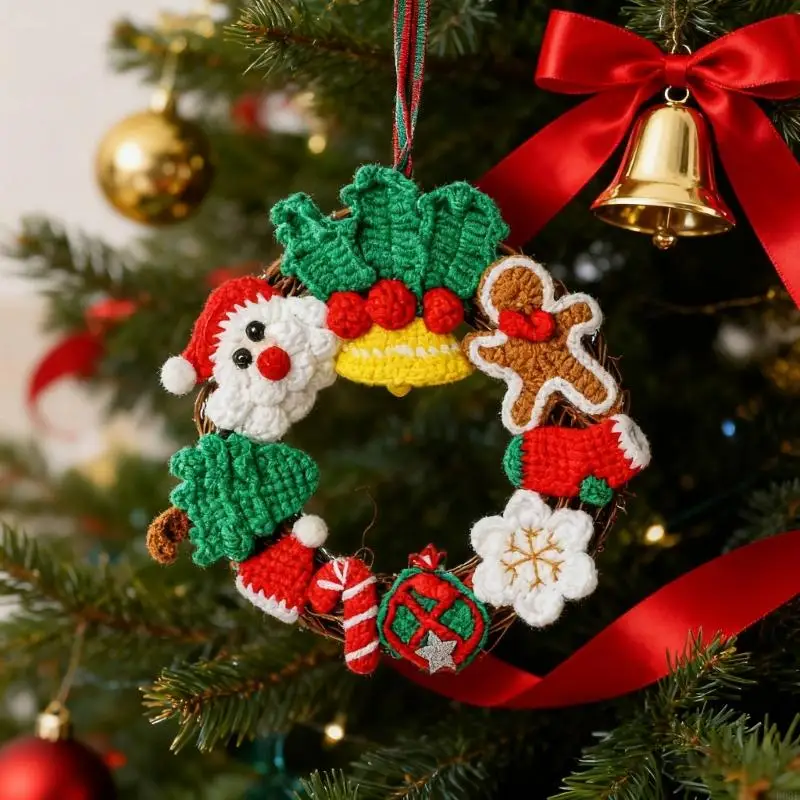 木製アクセント付きサンタ ニット リース 耐久性のあるホリデー オーナメント ニット サンタ デコレーション 季節の装飾用 B03E