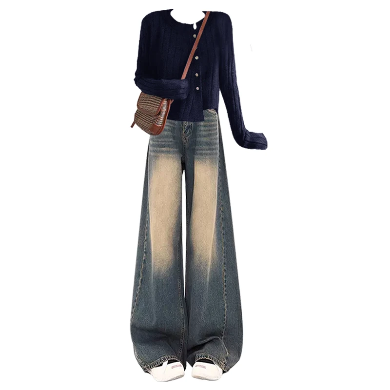 Faionable tricoté pull Cardigan et taille haute jean deux pièces ensemble pour les femmes automne hiver nouveauté coupe ample Sle