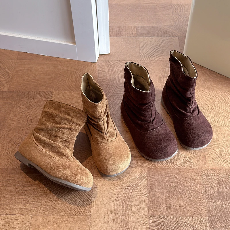 Simple Little Girls Ankle Boots Solid Color Retro Children's Fashion Boots Round-to Slip-on Causal Kids Outdoor Leather Boots