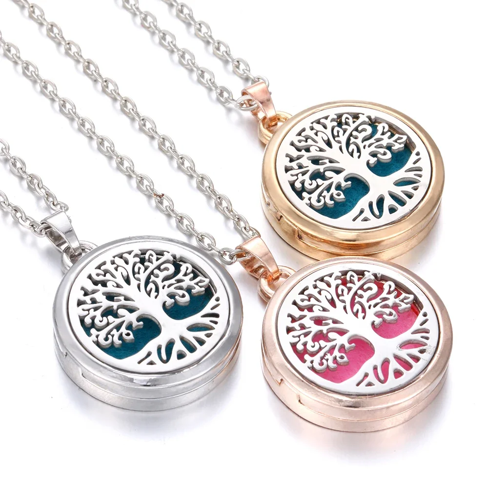 Tree of Life Aromatherapy Diffuser Necklace Locket Pendant Silver Gold Color Magnetic Essential Oil Diffuser Perfume Necklace