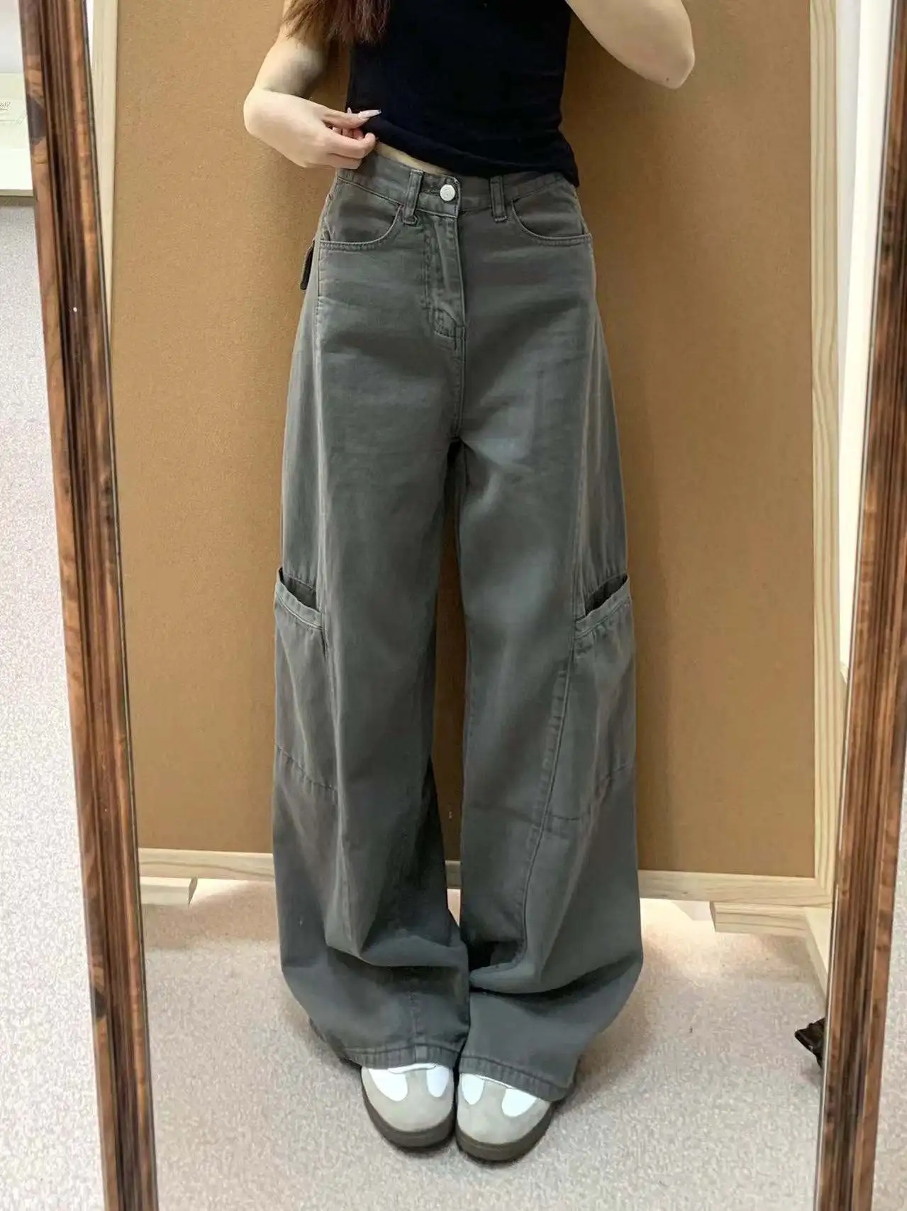 

ay Denim Work Pants Women's New American Retro High Waist plus Size Loose Straight Leg Wide Leg Pants Slimming Effect