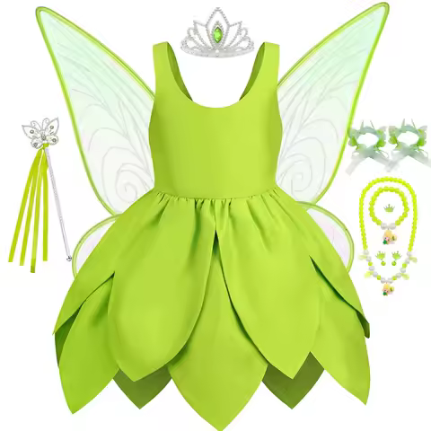 Girls Tinker Bell Costume Kid Green Fairy Princess Fancy Tinkerbell Dress Birthday Party Halloween Cosplay Spirit Outfits 2-10