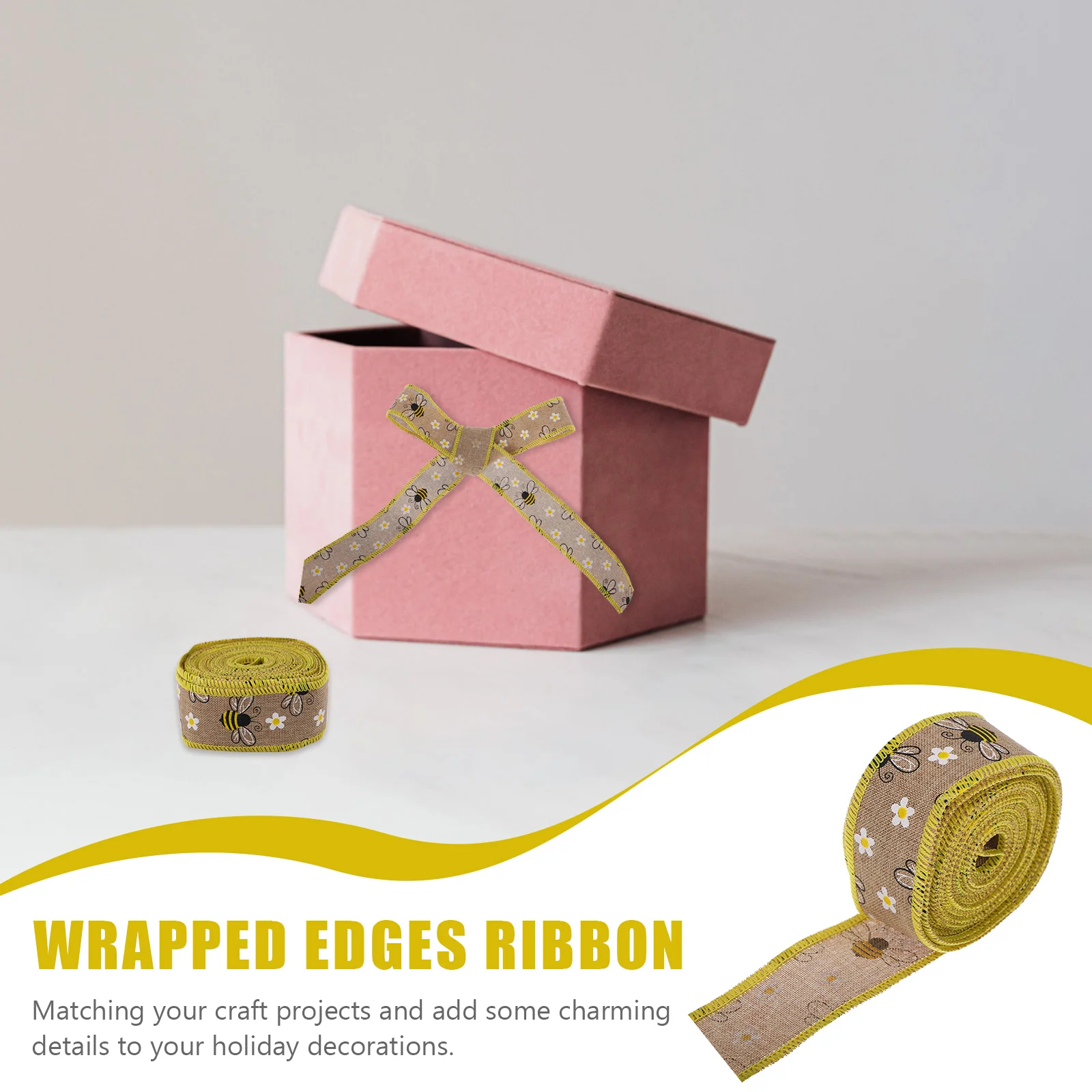 

1 Roll Wrapped Edges Diy Bee Pattern Decorative Wrapping Ribbon For Holiday Crafts Packaging Gift Box Banquet Flower Burlap