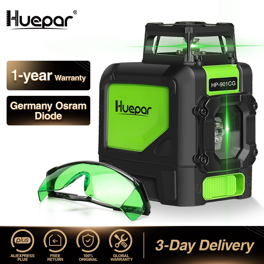 Huepar 5 Lines Laser Level Tools Green Beam Cross Switch Line Manual Self-leveling 360° Pulse Mode With Bracket Glasses Sets