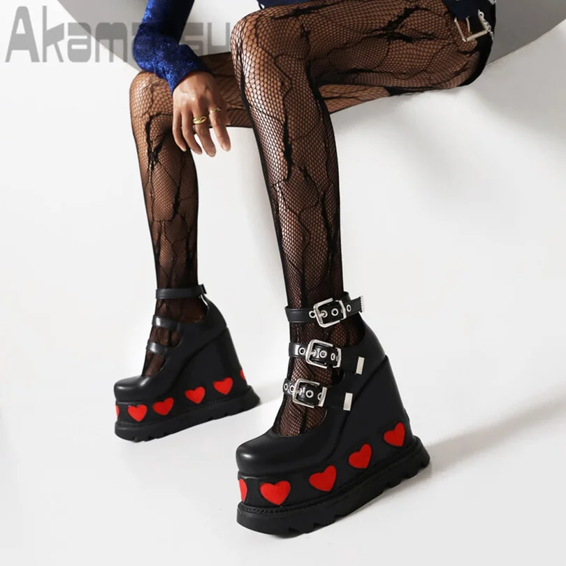 Round Toe Ankle Buckle Boots Belt Buckle Red Heart Platform Wedges Heel Women Summer Leather Boots 2023 Zapatos Para Mujere