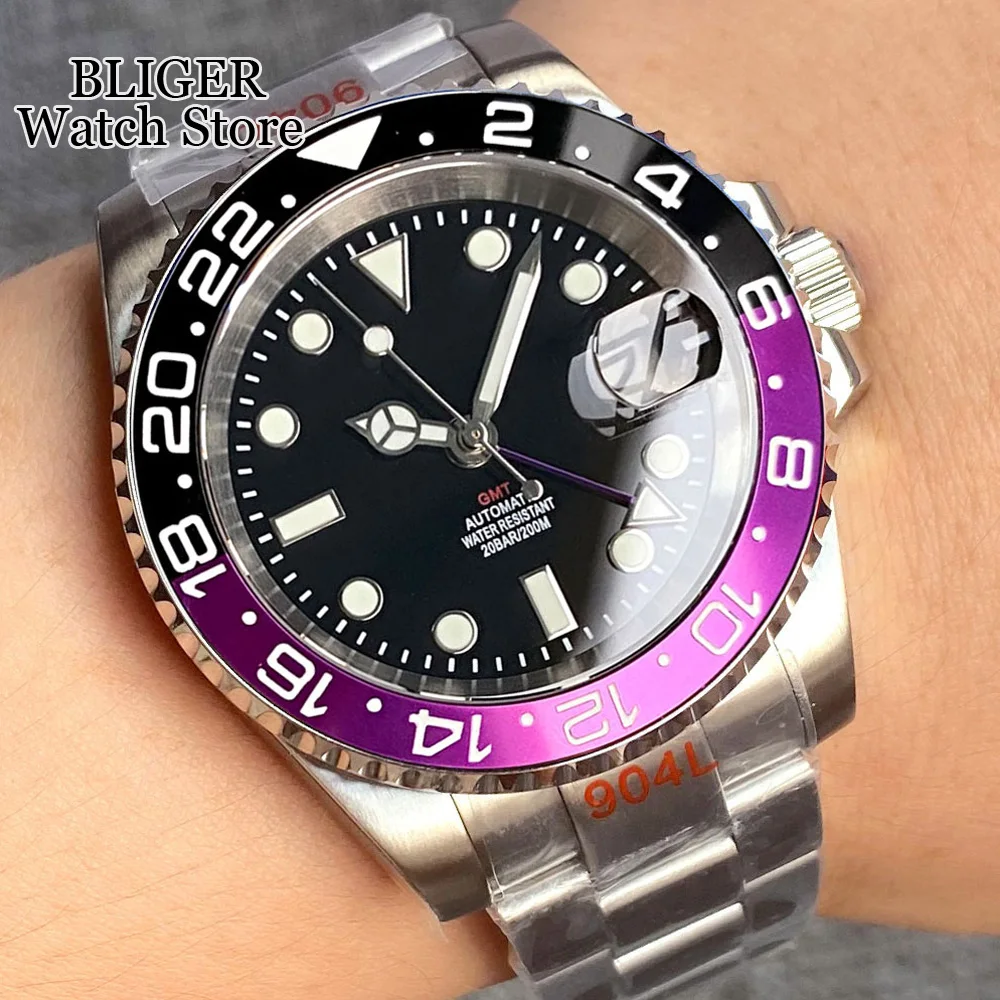 New 40mm NH34A 200M Waterproof Sapphire Crystal NH34 GMT Automatic Diver Watch For Men Steel Bracelet Purple Alloy Bezel Insert