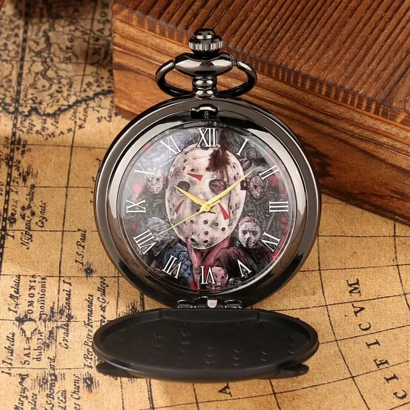 Black Halloween Double Ghost Knife Punk Skull Dial Quartz Pocket Watch Necklace Pendant Street Party Gifts Jewelry for Men Women