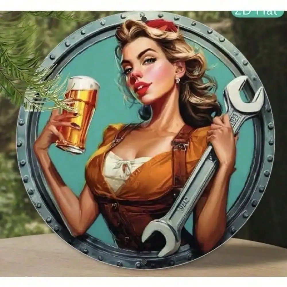 Vintage Metal Woman Sign Round Wall Decor - Retro Aluminum Art for Man Cave Garage Bar Pub Weatherproof