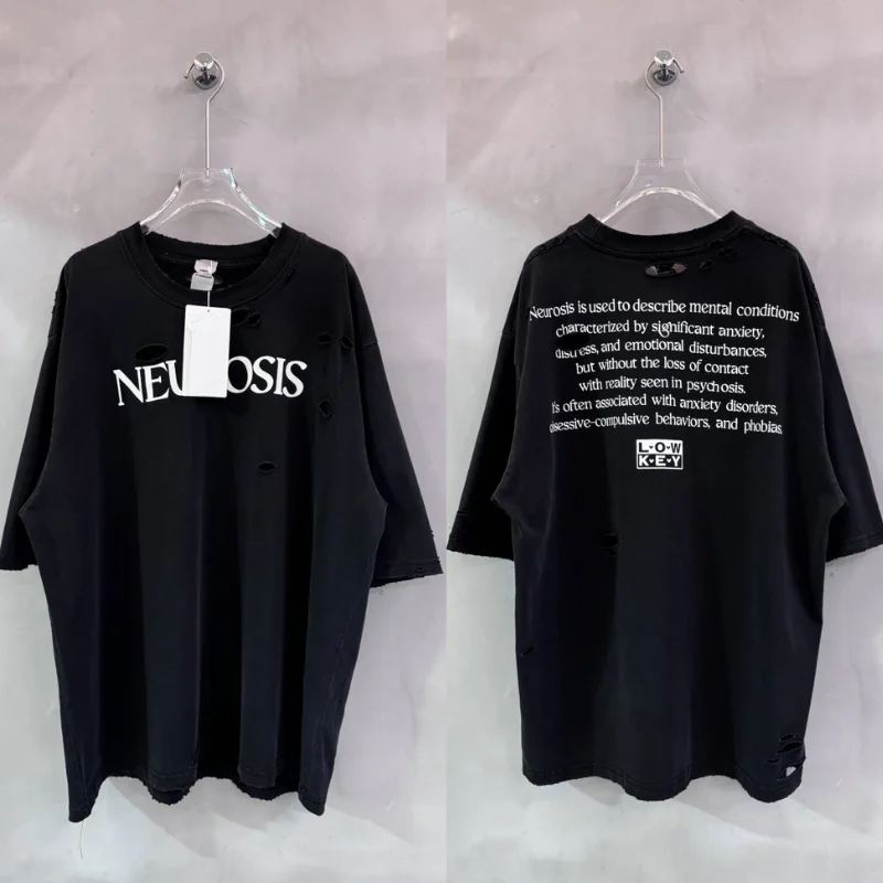 Vintage Protocol Loch-Design T-Shirt Schwarz Weiß Herren Damen Hip Hop mit Etikett High Street Kurzarm T-Shirts