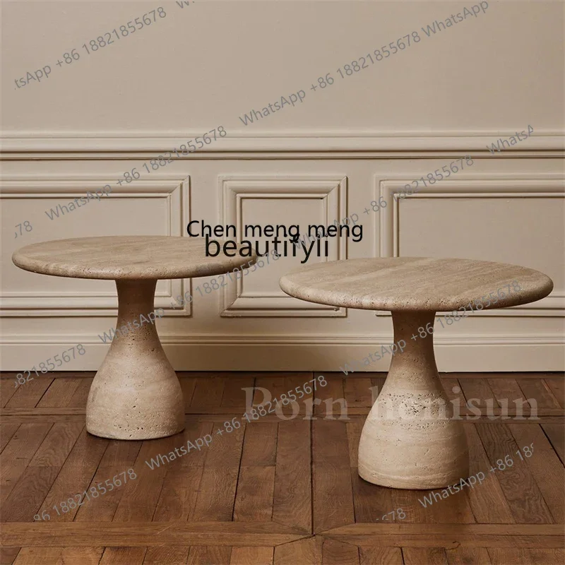 CC French minimalist natural Roman travertine round coffee table designer creative coffee table