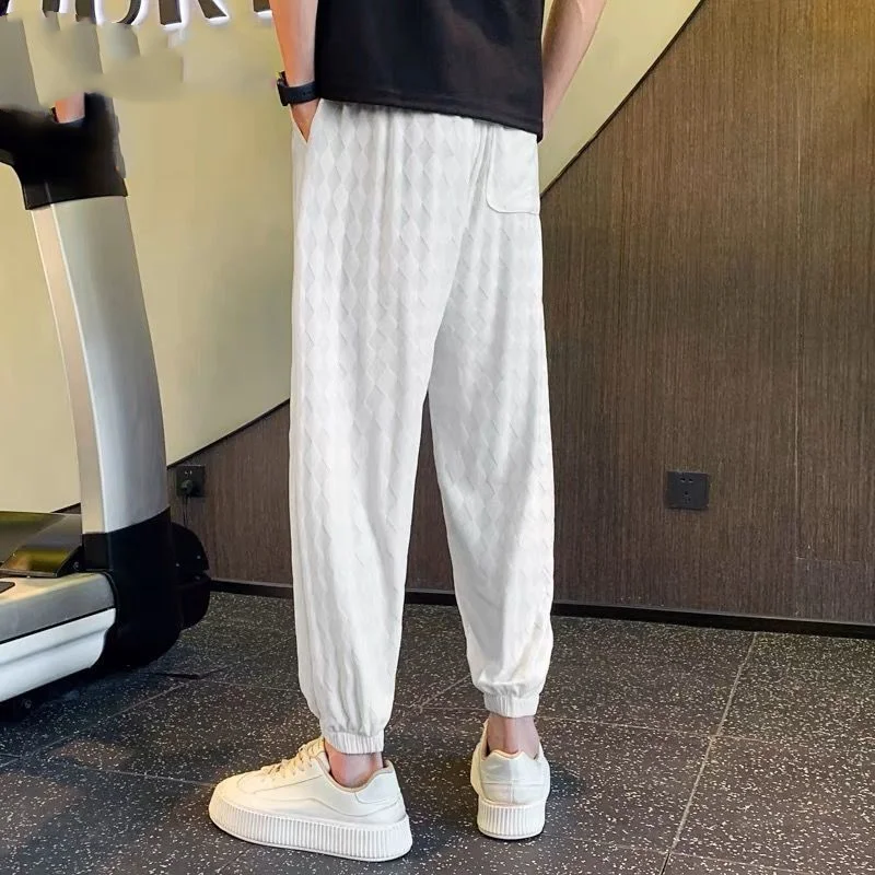 Summer Solid Color Elastic Waist Ankle Length Pants Man High Street Casual Loose Pockets Jacquard Weave All-match Haren Pants