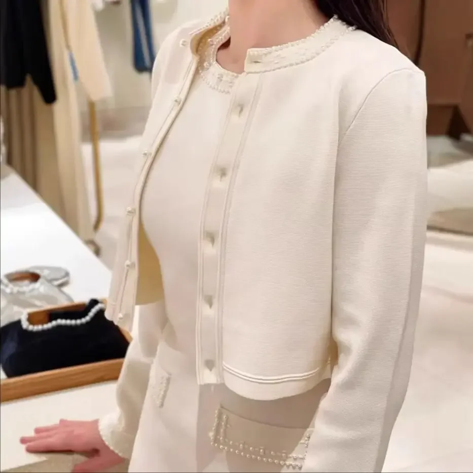 

Women's elegant two-piece suit, white pearl cardigan or round neck sleeveless midi dress