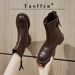 Taoffen Casual Ankle Boots Women Lace up Thick Sole Block Heels Round Toe Anti-slip Boots Thick Water Proof Zipper Lady Shoes