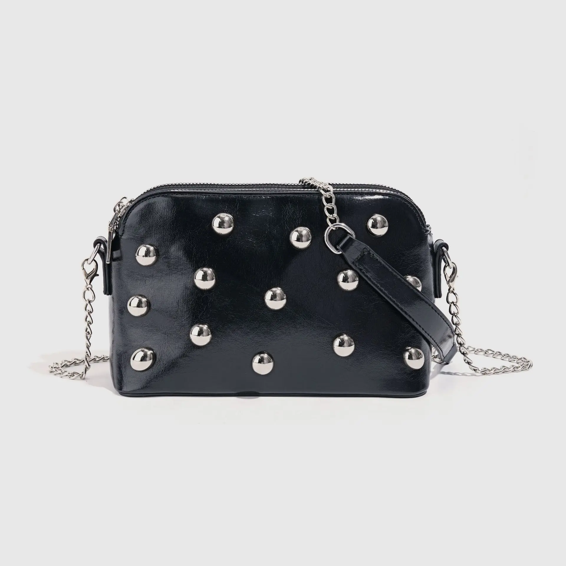 

New Punk Retro Style Women's Handbag with Metallic Rivets, Single Shoulder Crossbody Bag with Double Pocket and Chain Strap
