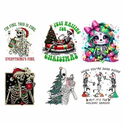 Christmas Iron On Patches Skull Fine Heat DTF Transfer Sticker Clothing Colorful Fashion Women Print Patch