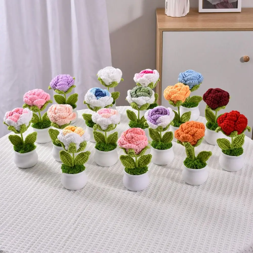 Hand-Knitted Flowers Potted Finished Crochet Rose Flower Woven Flowers Bonsai Artificial Plants Home Office Table Ornament Gifts