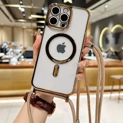 Crossbody Lanyard Magnetic Phone Case For iPhone 16 15 14 12 13 Pro Max 11 For Magsafe Electroplated Clear Soft TPU Back Cover