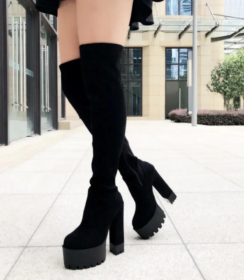 Over-The-Knee Long Boots Suede 14Cm High Heel Womens Boots Waterproof Platform Square Heel High Tube Boots Sexy Stretch Boots