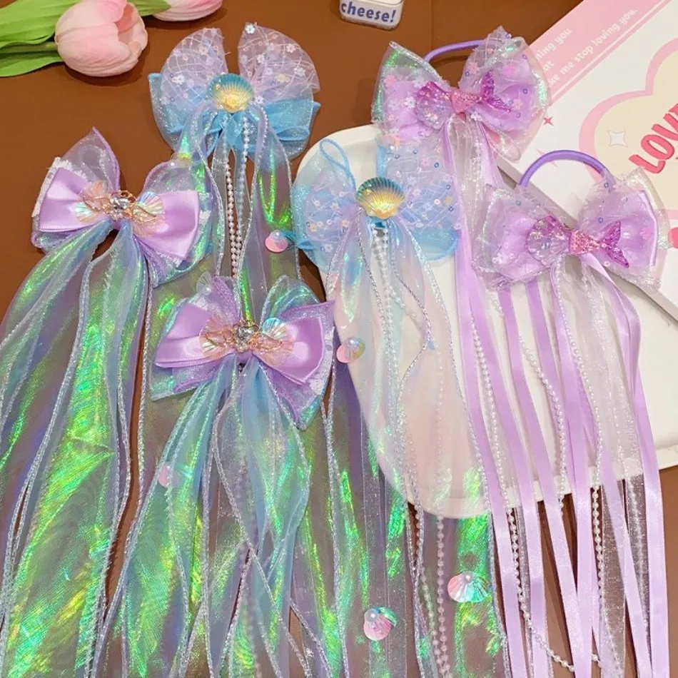 Girls Mermaid Headwear Children's Princess Bow Hairpin Girls' Floating Yarn Braided Hair Clip Mermaid Maiden Hair Accessory HP01