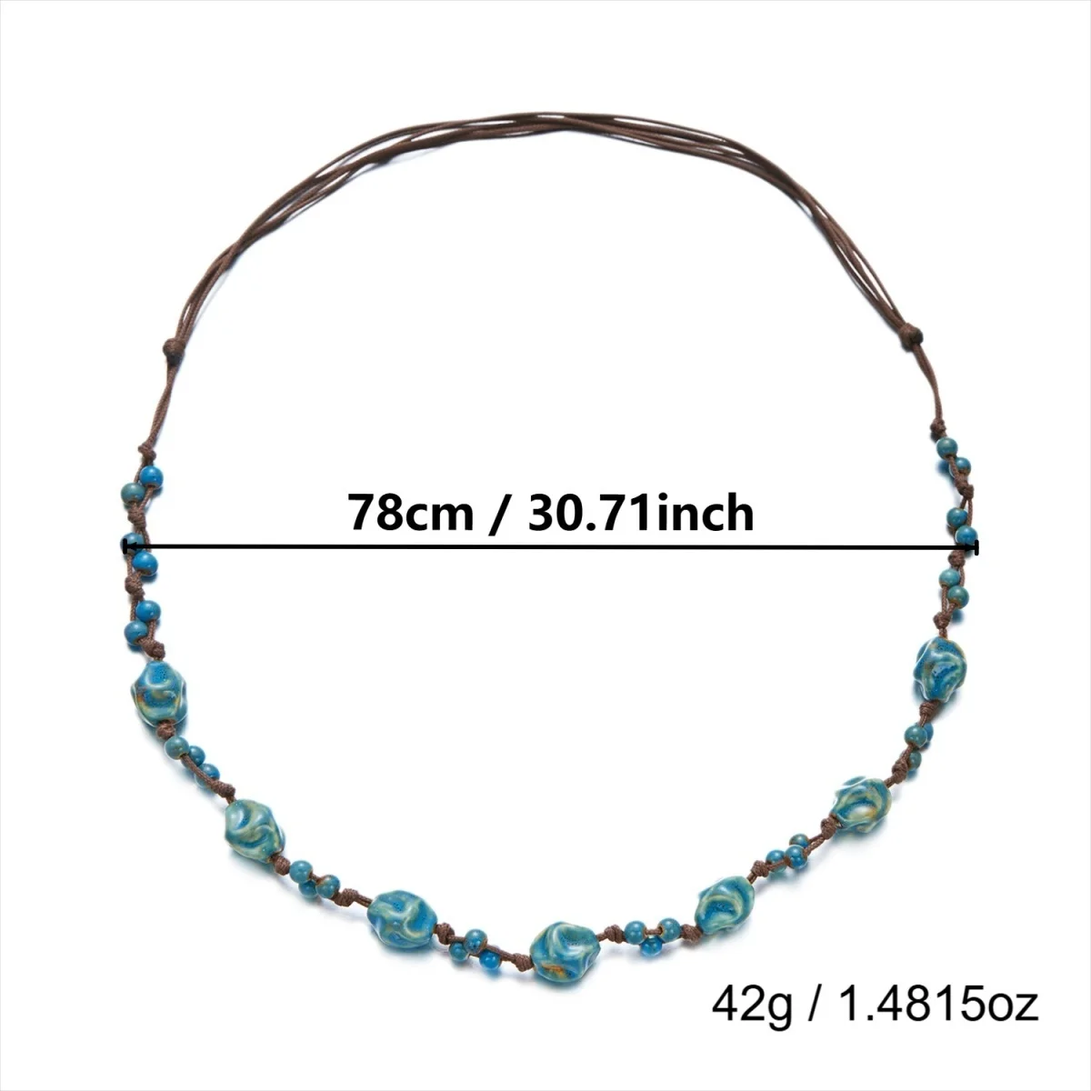 Retro-Künstlerischer Stil Unregelmäßige Blaue Keramikperlen Lange Halskette für Frauen Männer Boho Ethnische Braune Wachsschnur Pulloverkette Schmuck – Detail 28