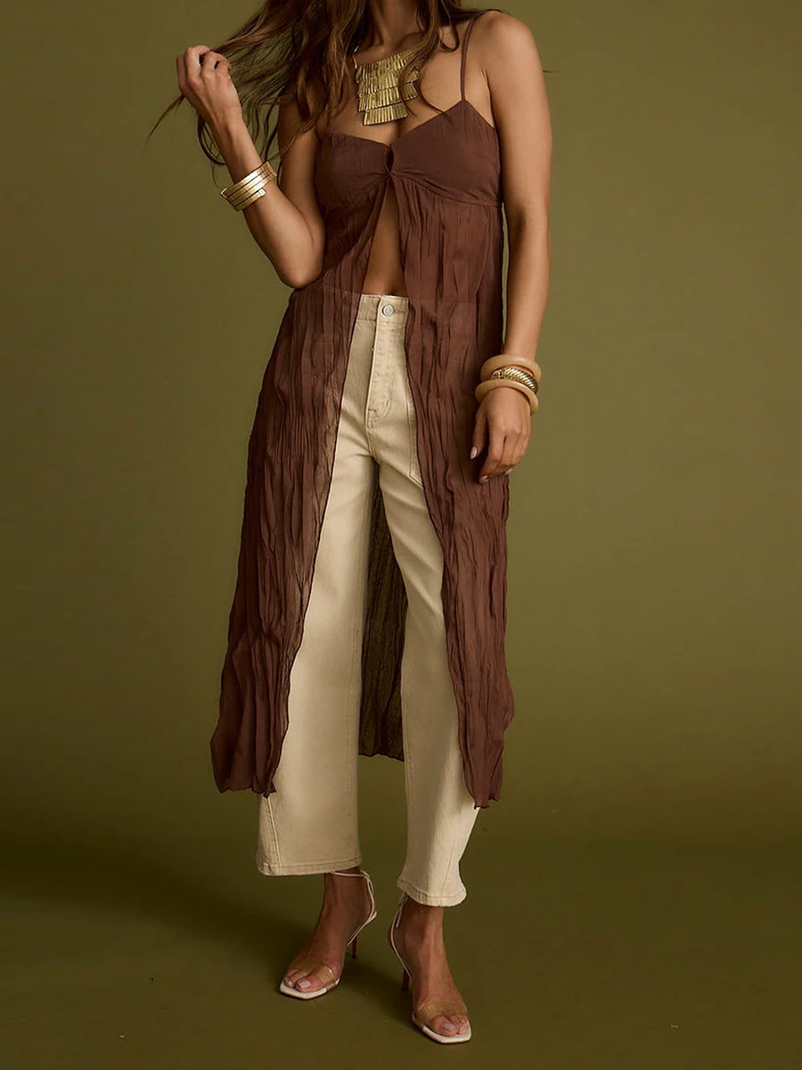 New Fashion Womens Front Split Long Dress Sleeveless Spaghetti Strap Solid Color Dress Longline Cami Tops Hot Sale S M L