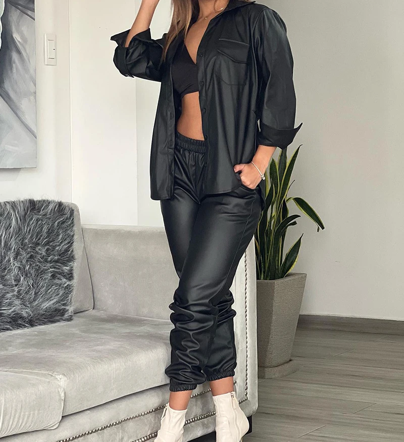 Set of Two Pieces for Women Winter 2023 Elegant Casual Pocket Design PU Leather Long Sleeves Shirt & Cuffed Pants Suits Female