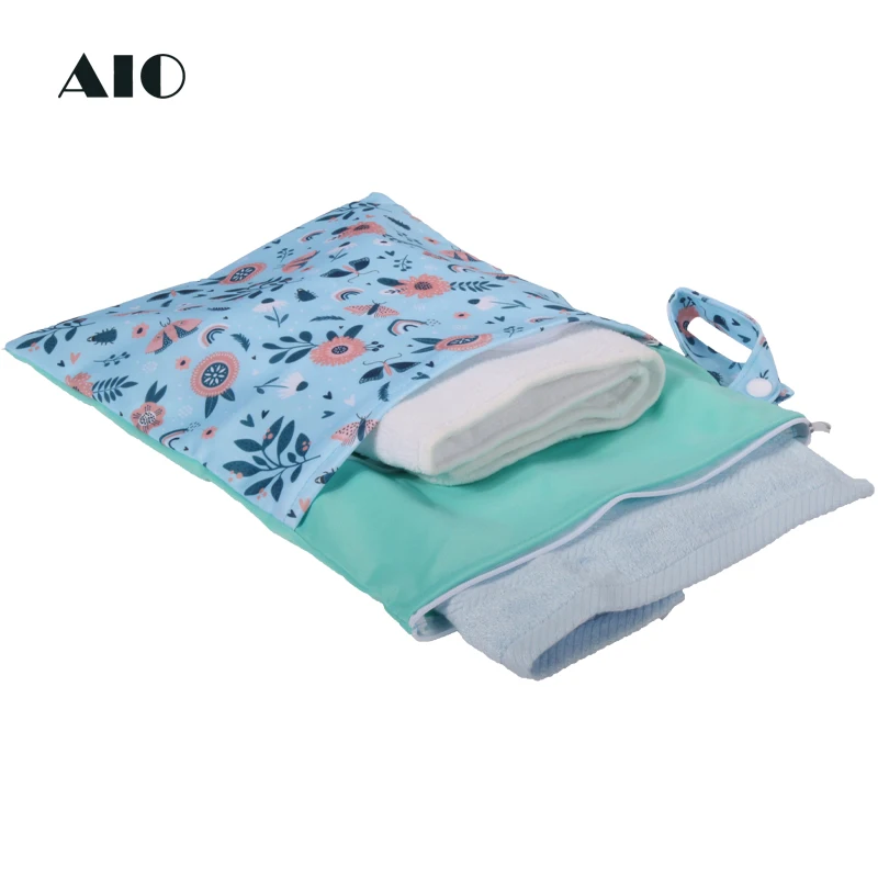 AIO 25*35cm Wet Dry Mammy Bag Multi Reusable Baby Nappies Bag With Double Pocket Cloth Handle Wetbag Waterproof Wholesale