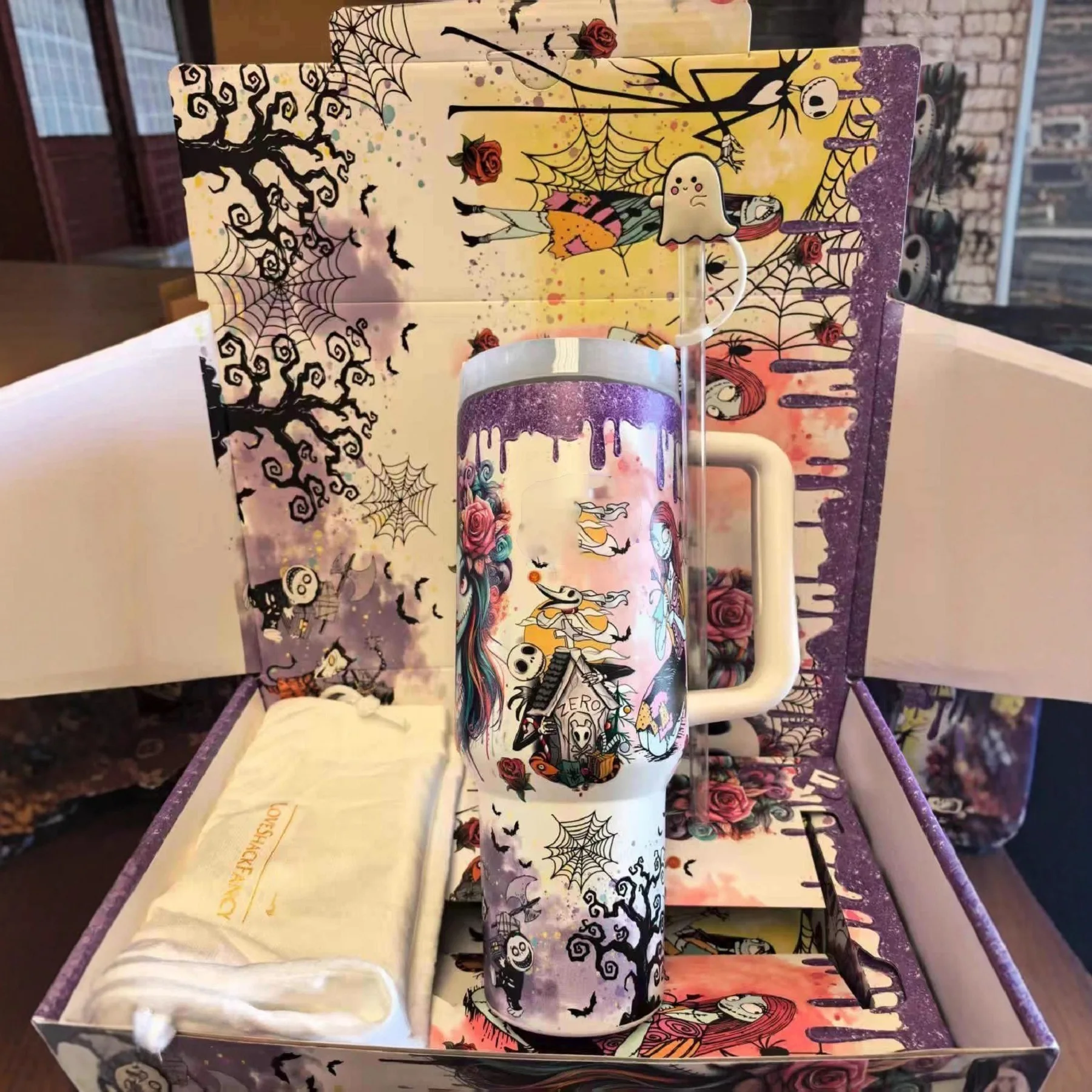 كوب Nightmare Christmas Tumbler، كوب Skellington 40oz من الفولاذ المقاوم للصدأ مع تصميم وقش متوهج في الظلام، إصدار محدود للهالوين Gi