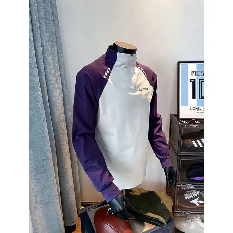 Fuor Seasons Punk Style Fitness Raglan Sleeve Long Sleeves T-Shirts Men Half Zipper Quick Dry Cootrast Color Motion Casual Tops