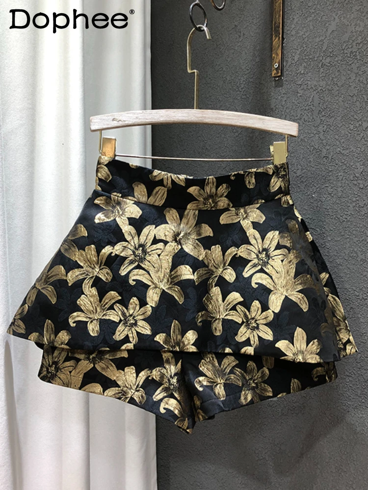 Fashion High Waist Irregular All-Match A- Line Short Pantskirt Women Autumn Winter New Korean Style Retro Large Flower Shorts