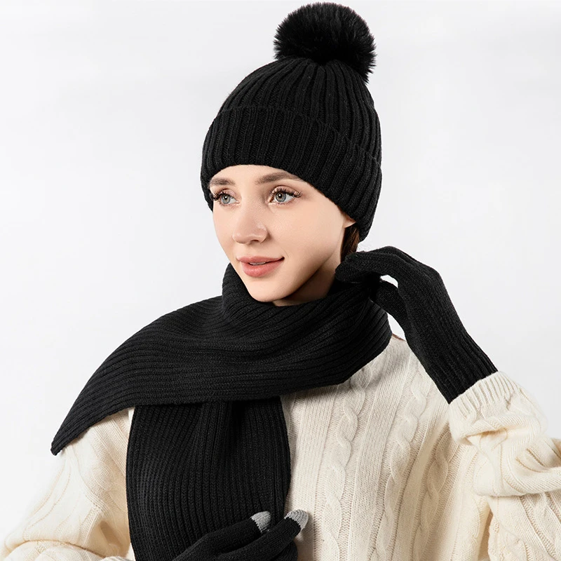 Winter Set Hats Scarf Touch Screen Gloves 3Pcs Fashion Women Warm Thickened Plush Pompom Beanies Long Scarves Cycling Skiing Cap