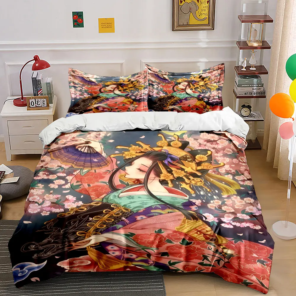 

Elegant kimono-clad woman amidst cherry blossoms Duvet Cover Set Digital Print Colorful Polyester Bedding with Zipper