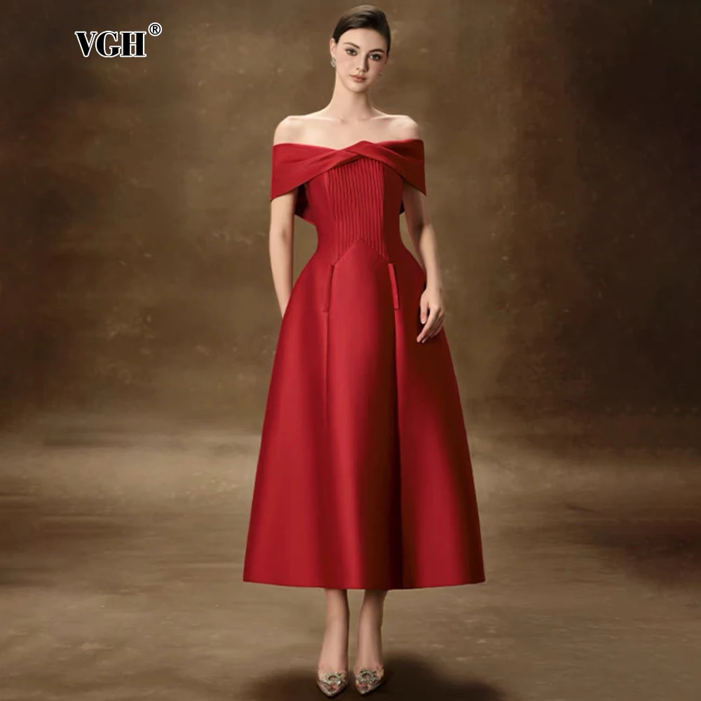 

VGH Elegant Backless Solid Evening Dresses For Women Strapless Off Shoulder Sleeve High Waist Temperament Long Dress Female New