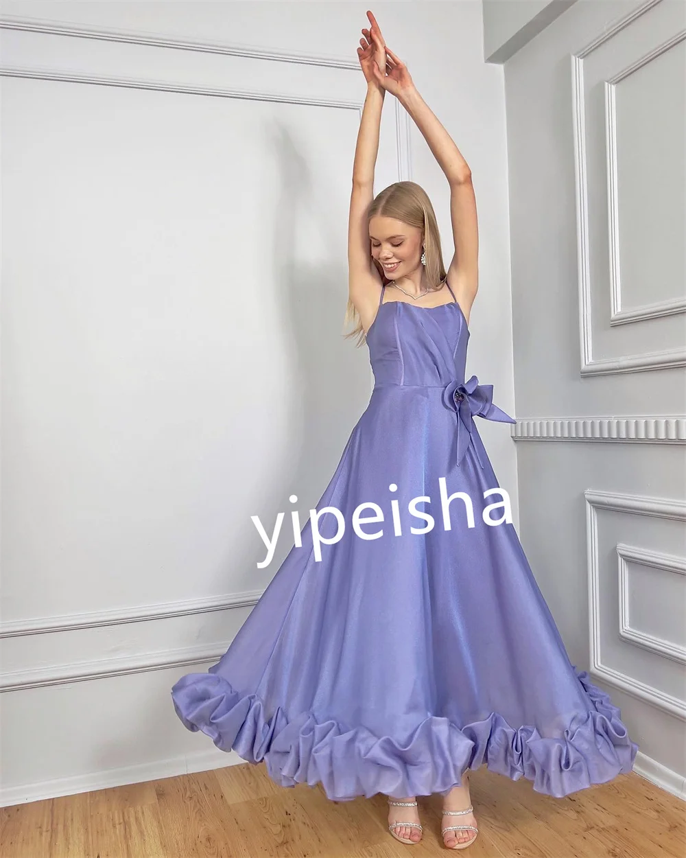 Vestido de cetim a linha Midi, Spaghetti Strap Gown para Dia dos Namorados, Ocasião personalizada