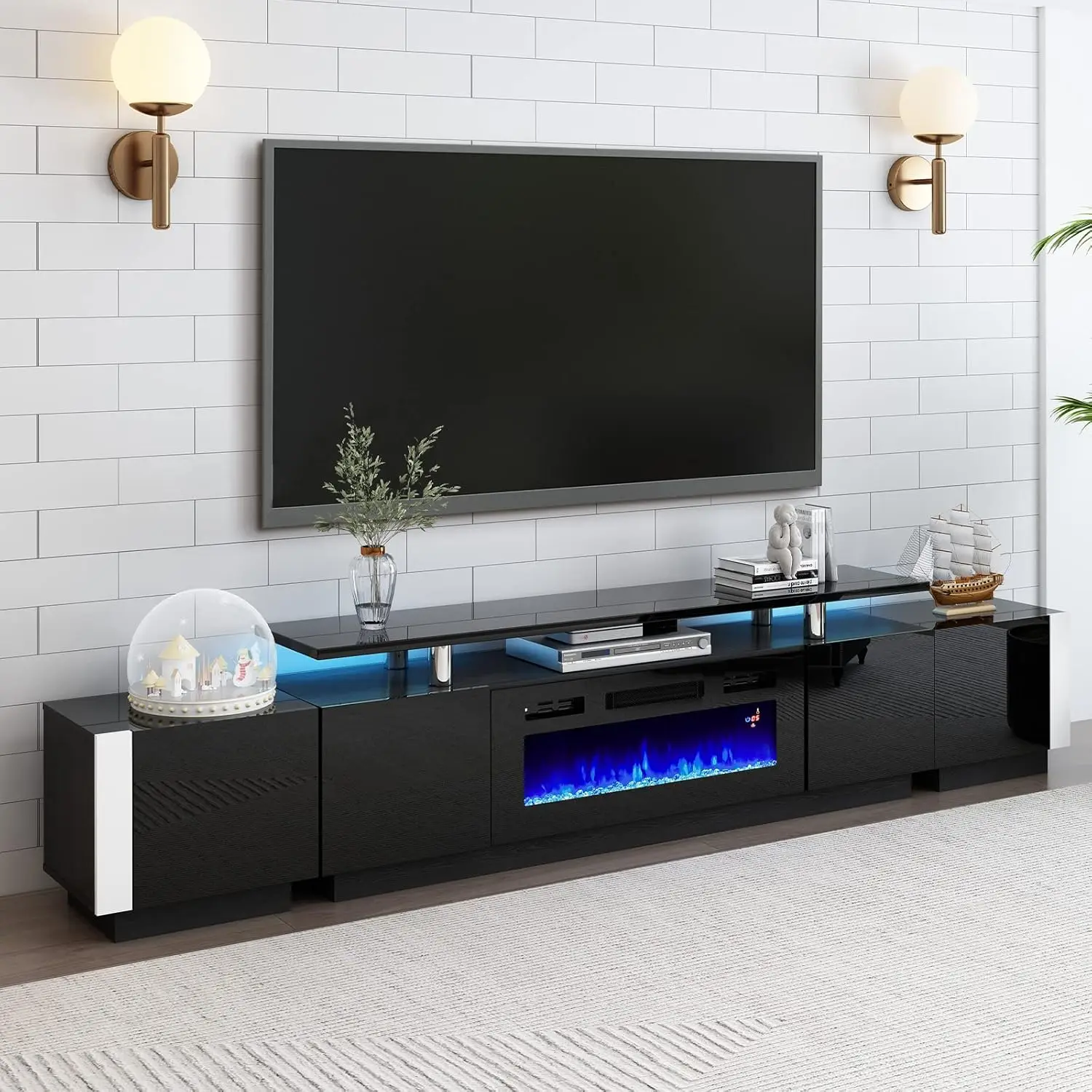 

110" Large Fireplace TV Stand Set with 36" Electric Fireplace, 70" 2-Tier Fireplace TV Stand, 2 x End Tables, High Gloss Console