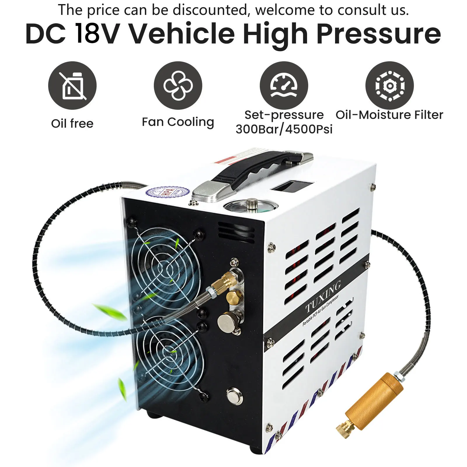 

TUXING Hot Sale New Style High Pressure 300Bar Auto Shut Off Built-in Transformer Lithium Battery Paintball Game Air Compressor