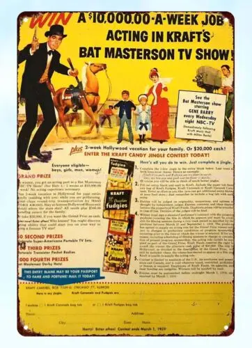 1960 Kraft CARAMELS-FUDGIES BAT MASTERSON CONTEST tv show metal tin sign