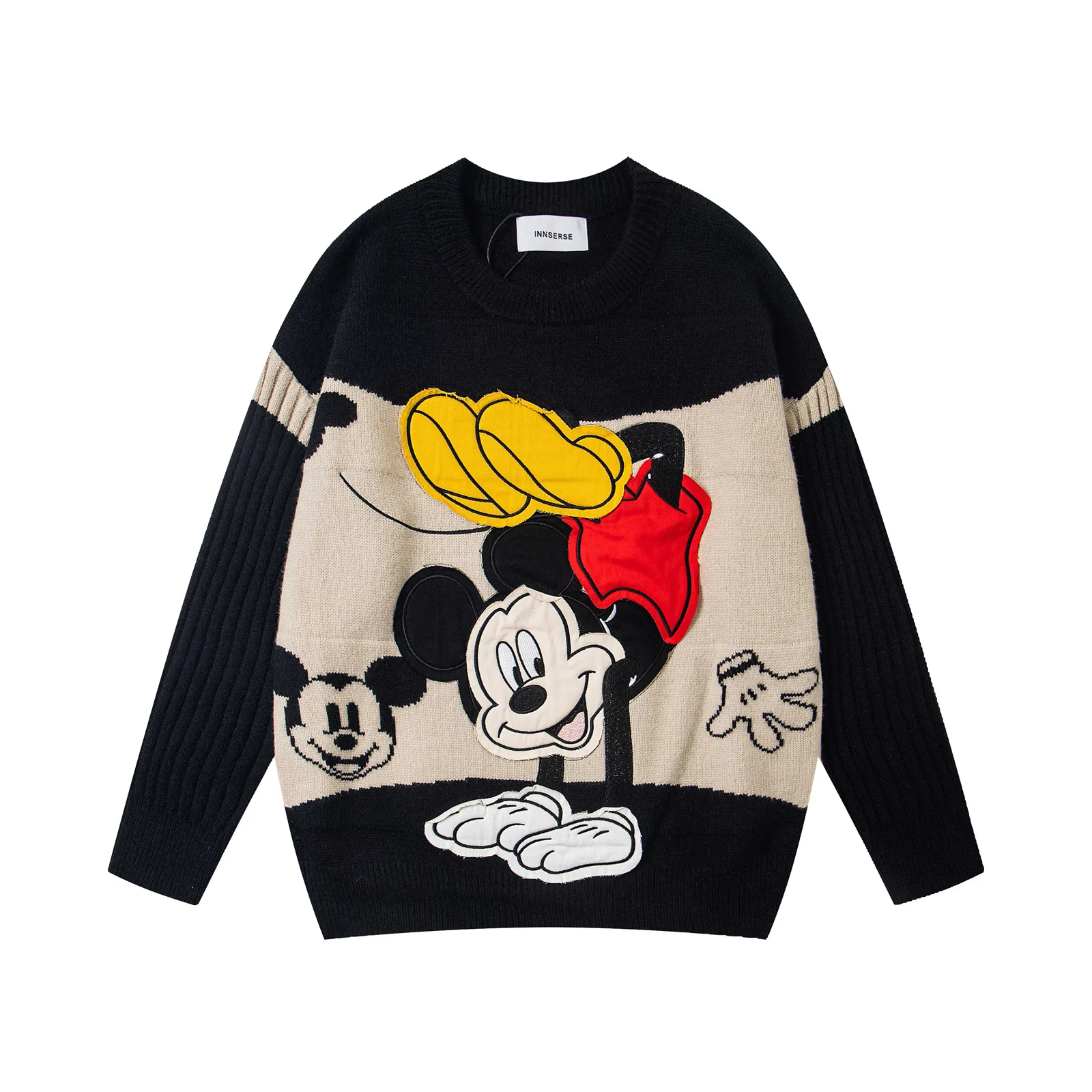 Jersey bordado con parche de dibujos animados, bloque de Color Retro americano, suéter de cuello redondo, Unisex, otoño, nuevo, prendas de punto holgadas versátiles