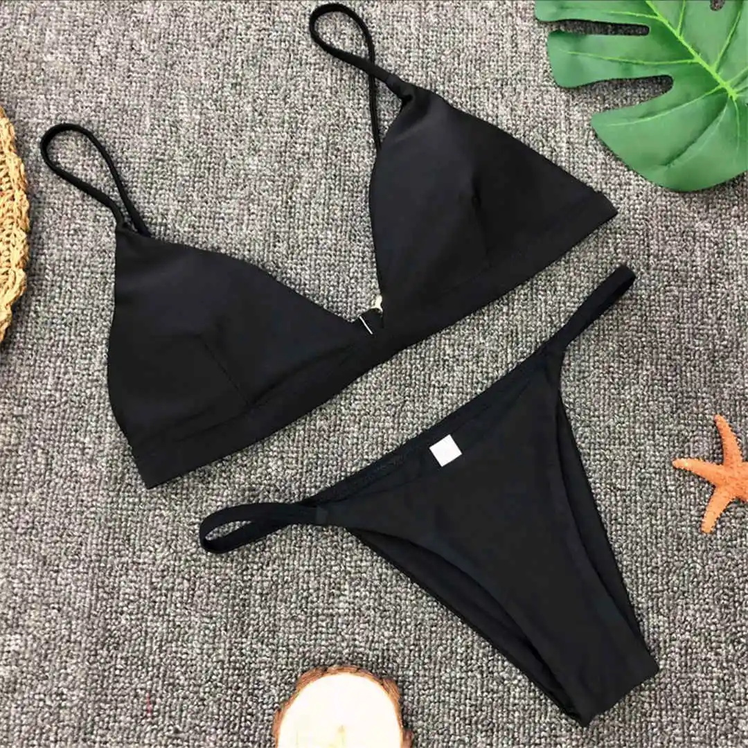 Neuer, verführerischer, gepolsterter brasilianischer Bikini, Damen-Badeanzug, zweiteiliges Bikini-Set, einfarbiger Badeanzug, Damen-Badebekleidung, V64A. – Detail 29