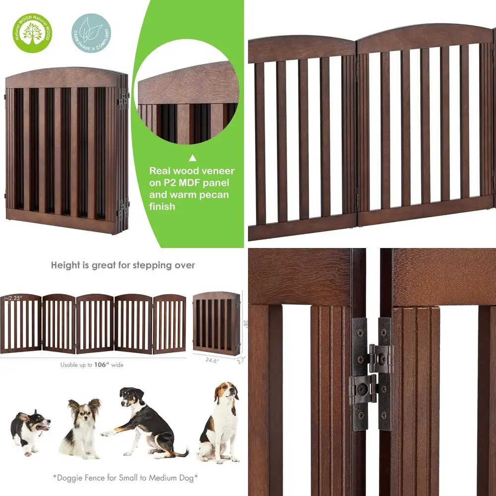 

5-Panel Brown Wooden Folding Pet Gate, 120 Wide x 28 Tall, for Indoor Doorways and Stairs