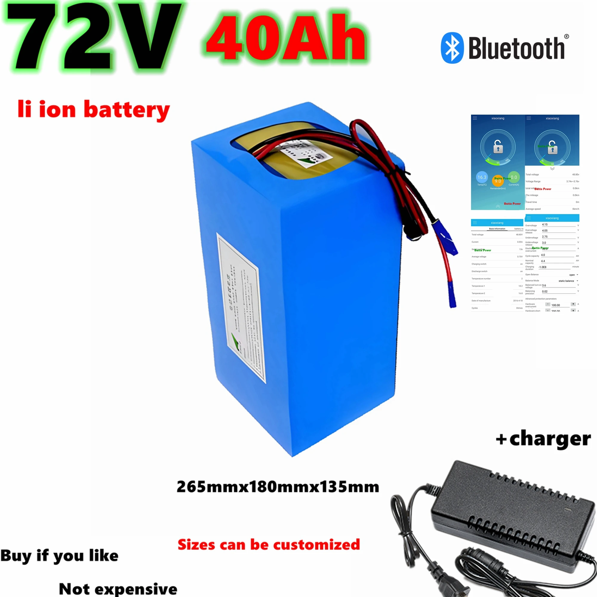 HS 72v 40Ah li-ion battery bluetooth BMS APP lithium ion for 5000w electric snowmobile Mountain bike tractor Motorcycle scooter