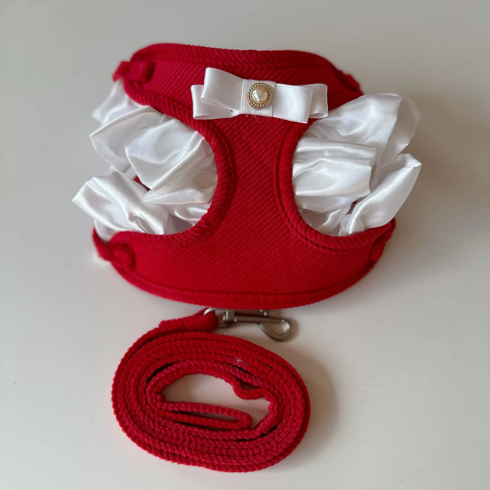 Dog Harness and Leash Set for Small Dogs Cats,Soft Cotton Lace Ruffles Design Pet Vest Harness with Pearl Bowtie Pet Accessories