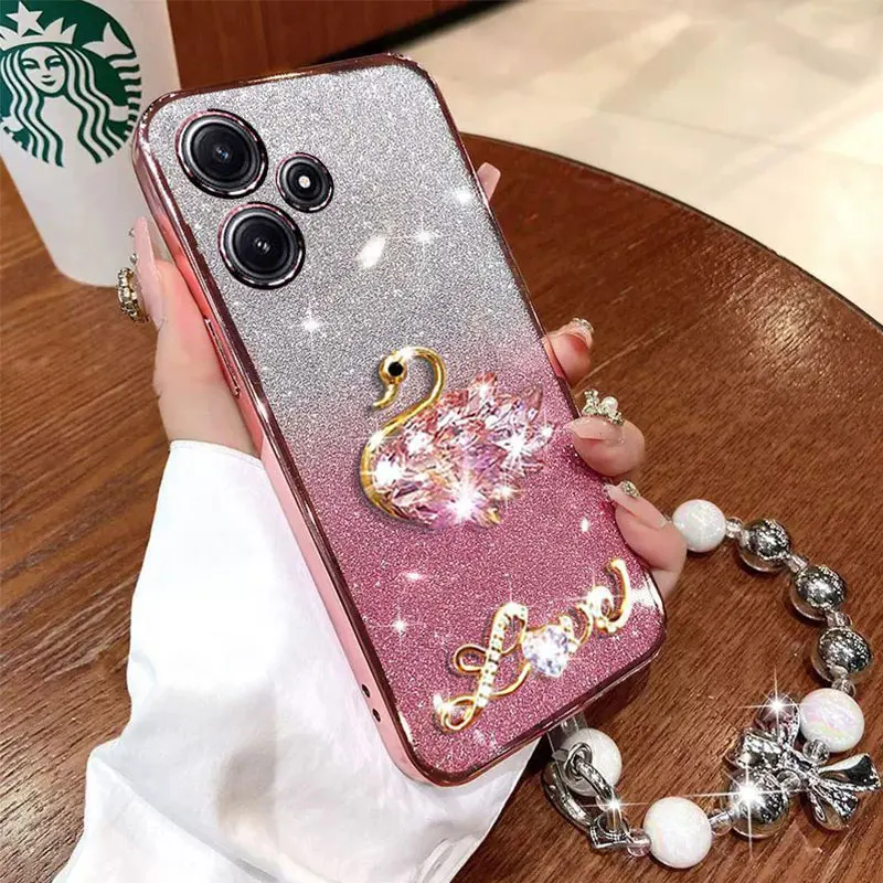 Luxury Diamond Swan 12 13C Case for Xiaomi Redmi 12 12C 13 13C Note12 poco X6 pro Mi 11T 14 ultra Bracelet Lanyard Cover Redmi12